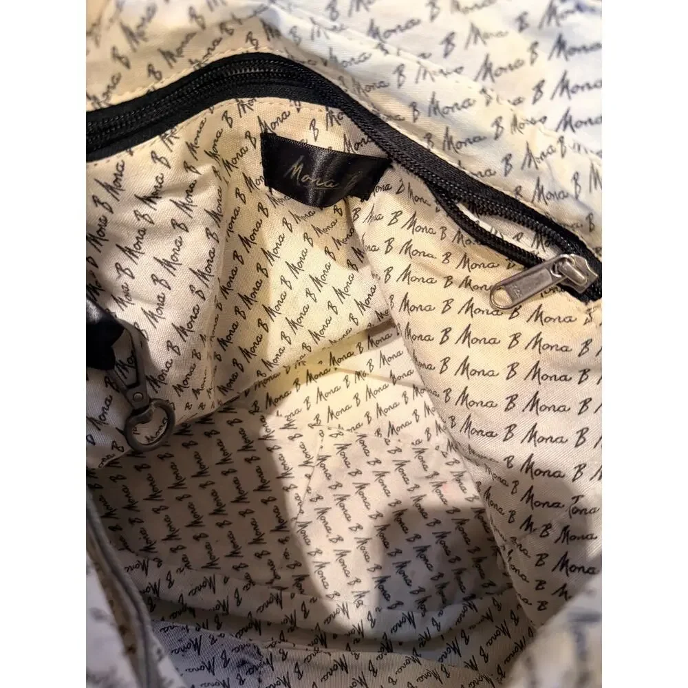Mona B Upcycled Canvas Tote Handbag Blue Brown Vegan Leather Shoulder Bag Purse
